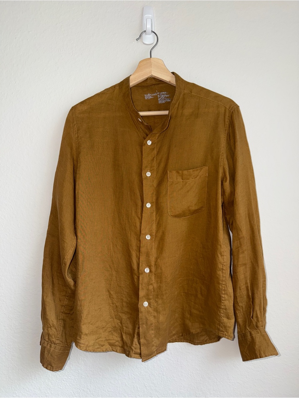 Muji Men's Mandarin Collar Shirt in Mustard Brown Linen